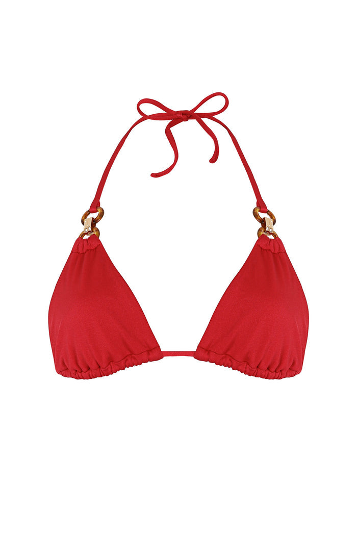 Red triangle bikini top with gold ring hardware and adjustable halter tie