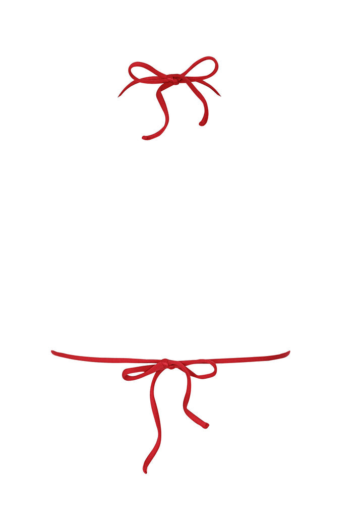 Red triangle bikini top with adjustable ties and ring details at center and sides