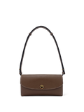 Veronica Beard Brown leather shoulder bag with white stitching and gold clasp.