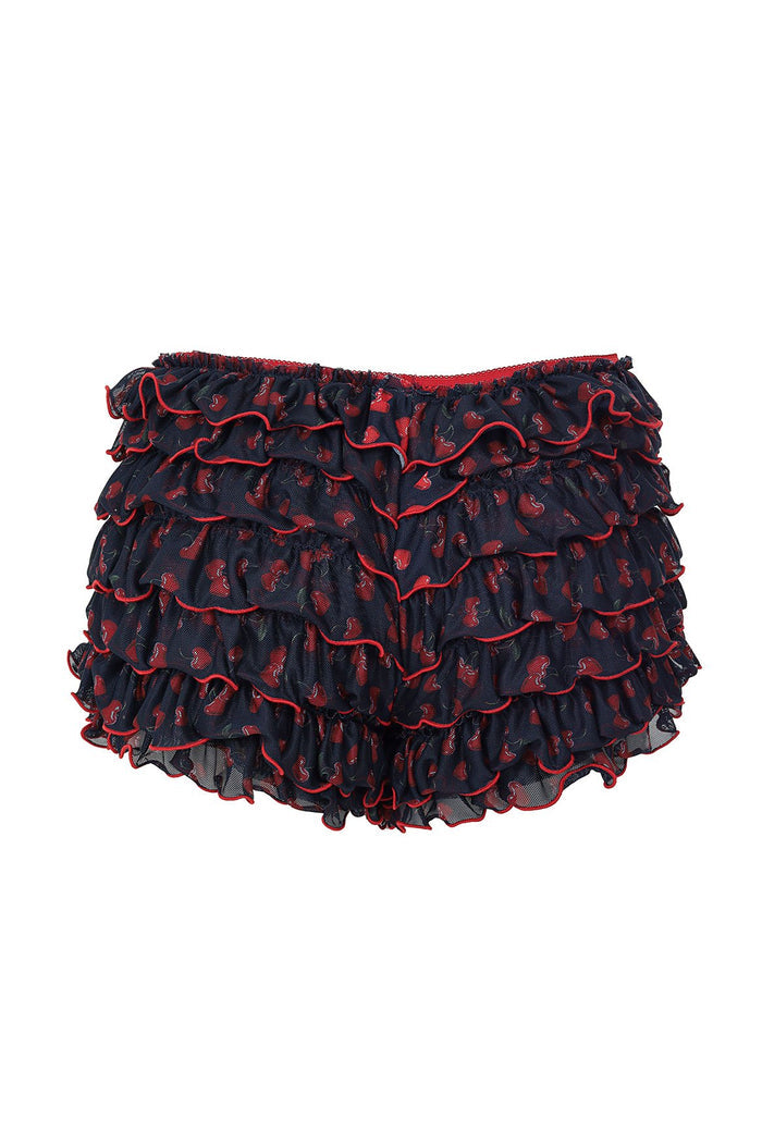 Navy shorts with red scattered print and tiered ruffles with red contrast trim