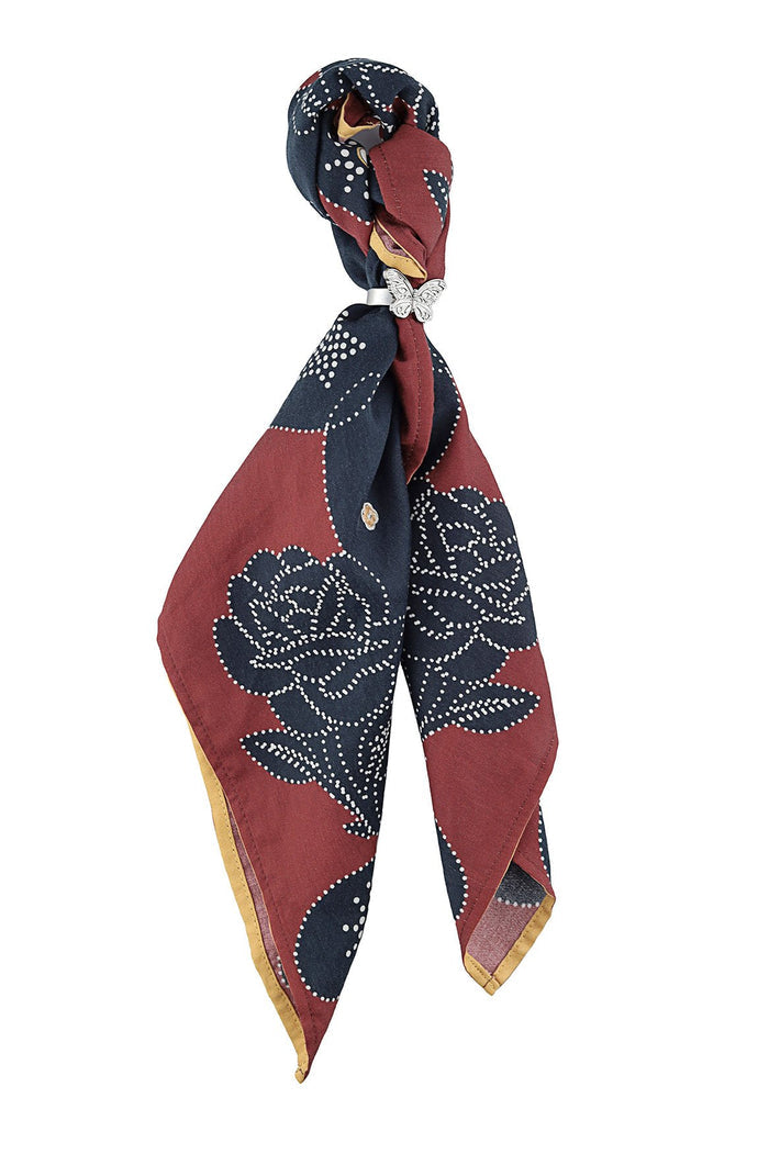 Lexi scarf in navy and burgundy colorblock with white dotted curved patterns and butterfly ring detail