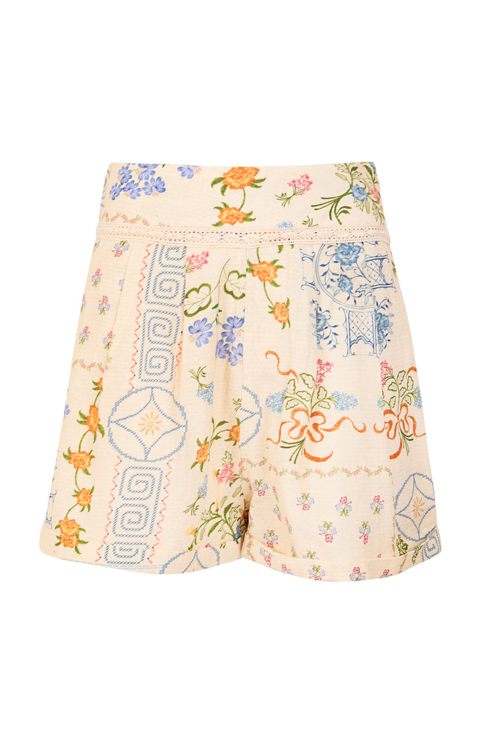Lia Shorts in cream with embroidered pattern detail and geometric print, lace waistband detail, side pockets