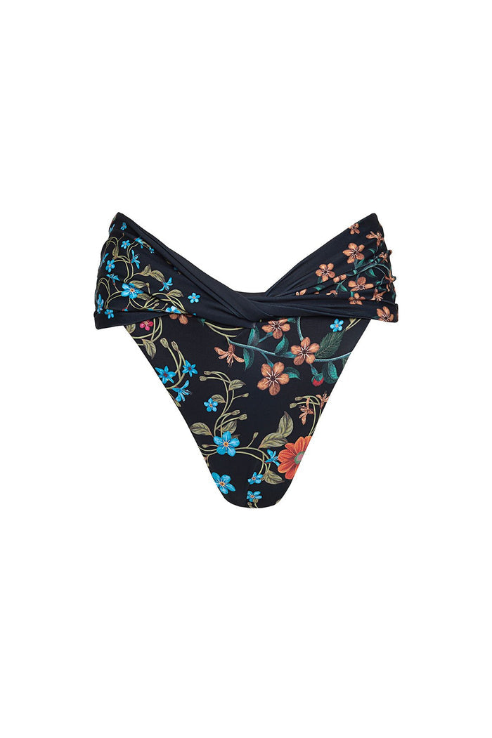 Black high-rise bikini bottom with embroidered floral print in coral, blue, and green tones, featuring twisted waist detail