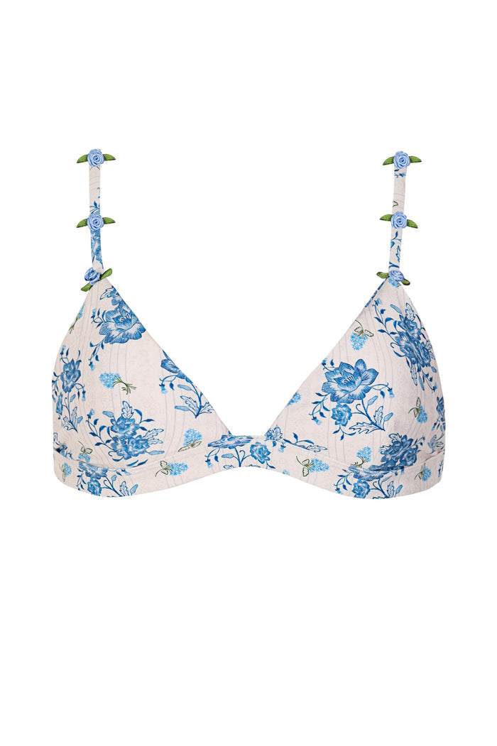Triangle bikini top in blush with blue pattern detail print and handmade rose appliqués on adjustable straps