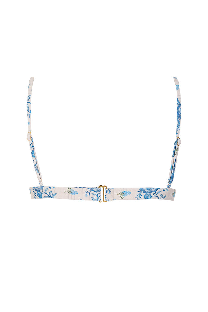 Lisa bikini top in white with blue rose print and gold center hardware detail