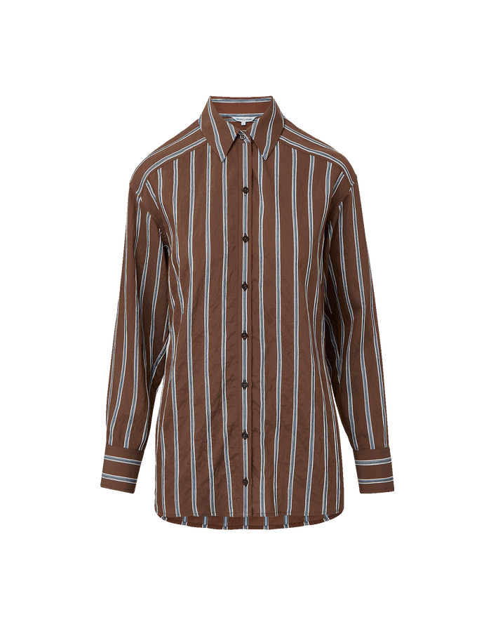Veronica Beard Brown and white striped button-down shirt with light wash wide-leg jeans.