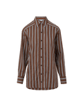 Veronica Beard Brown and white striped button-down shirt with light wash wide-leg jeans.