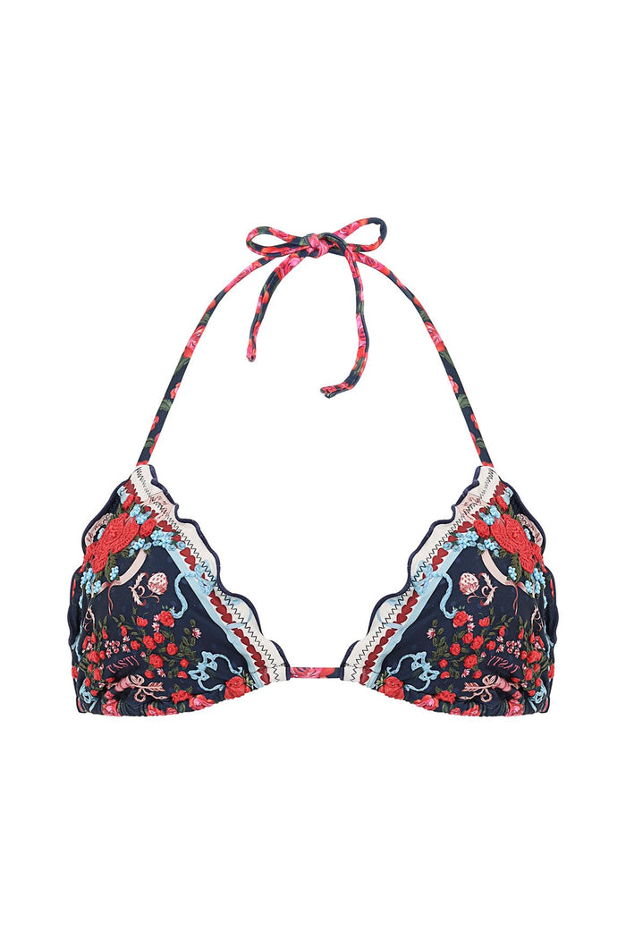 Lolita triangle bikini top in navy with pattern detail embroidery, scalloped crochet trim, and halter tie in multicolor print