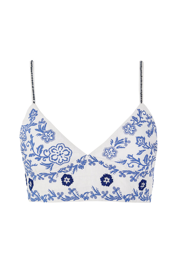 White crop top with blue pattern detail embroidery and beaded adjustable straps