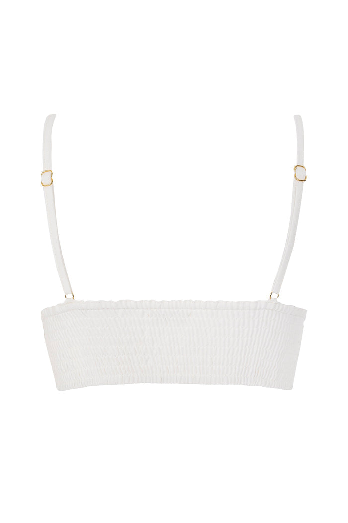 White smocked bandeau crop top with adjustable straps and gold-tone ring hardware