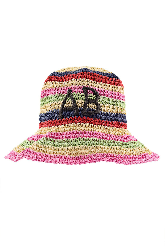 Lucea bucket hat with multicolor horizontal stripes in navy, red, cream, pink, and lime green, featuring a black embroidered panel on the crown, hand…
