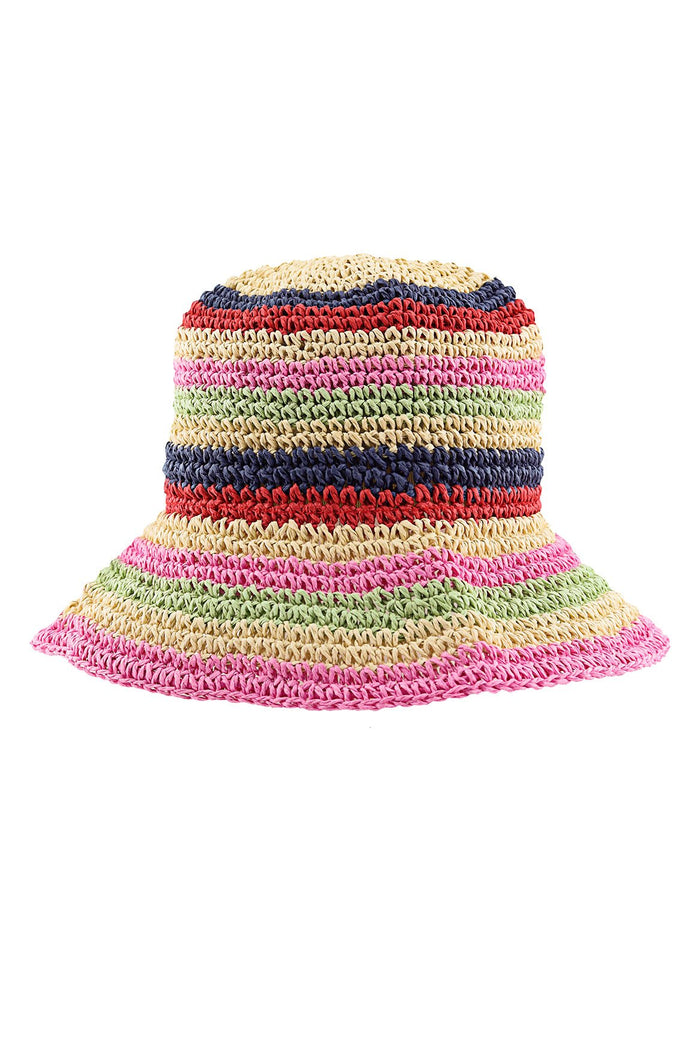Lucea bucket hat in natural straw with multicolor horizontal stripes in pink, green, navy, red, and beige