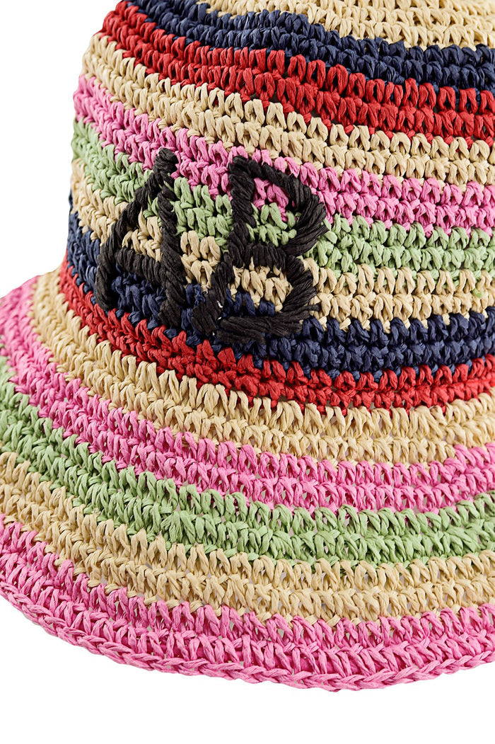 Lucea bucket hat in multicolor crochet stripes with pink, beige, navy, coral, and green bands featuring black embroidered detail