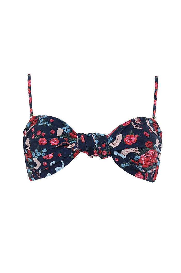 Navy bikini top with center bow detail and pattern detail print featuring red roses and blue blooms