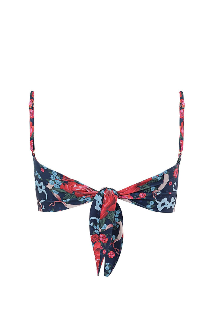 Navy bikini top with red roses and blue pattern detail print, featuring center front tie detail and adjustable straps