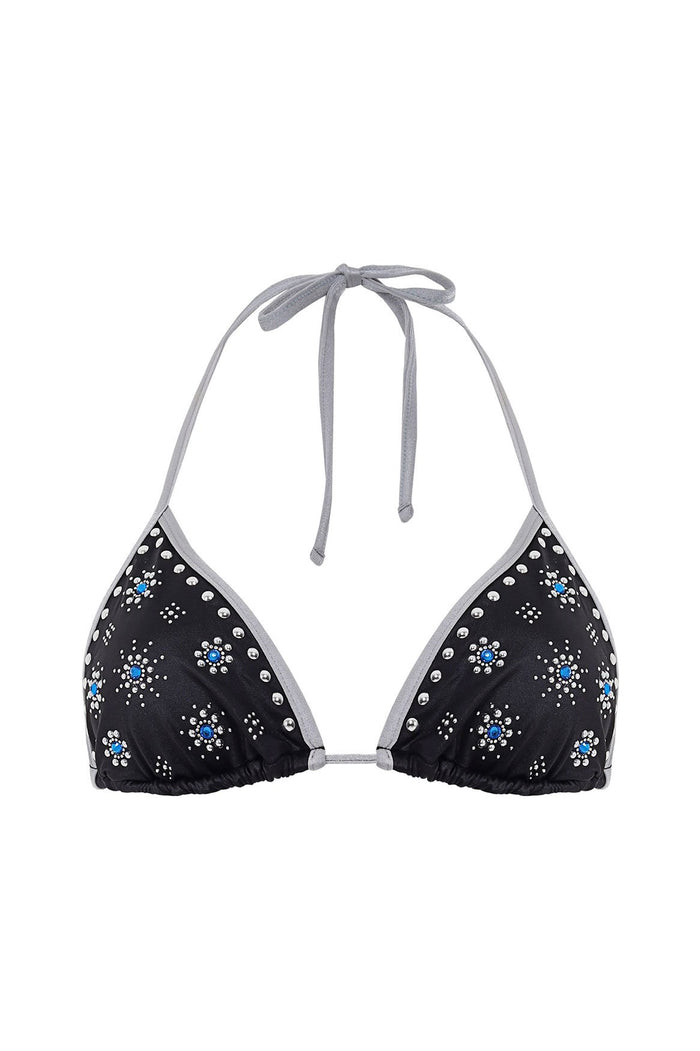 Triangle bikini top in black with handcrafted rhinestone and silver-tone stud embellishments in radiating circular pattern, gray contrast trim and ad…