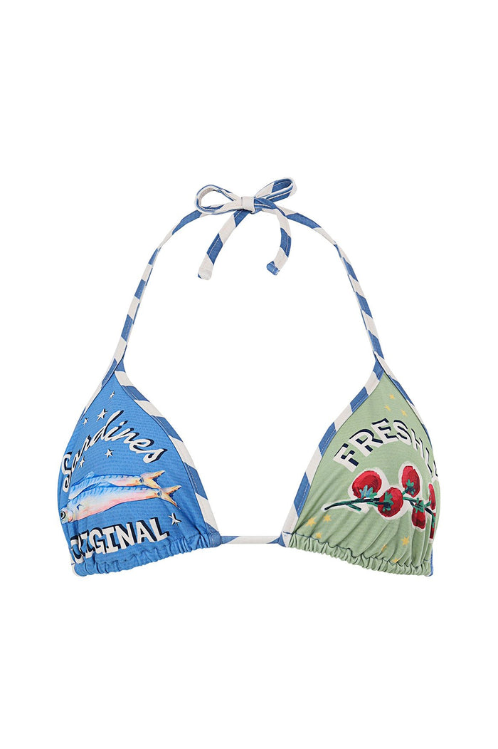 Triangle bikini top with blue and white striped ties, left cup in blue with sardine graphic and text, right cup in green with red fruit graphic