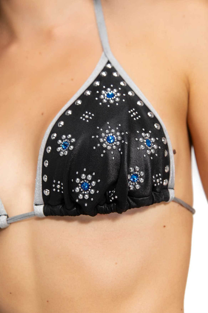Black triangle bikini top with gray trim, embellished with blue and silver rhinestones in pattern detail clusters