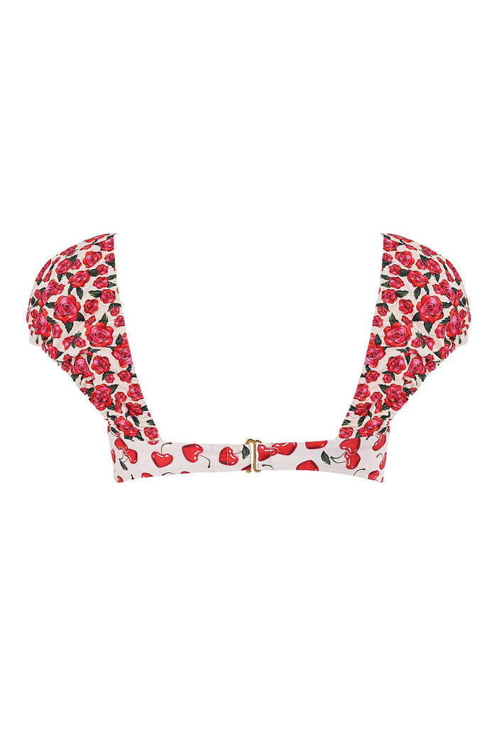 Lupita bikini top with ruffled sleeves in red rose print and cherry print band with gold-tone ring detail