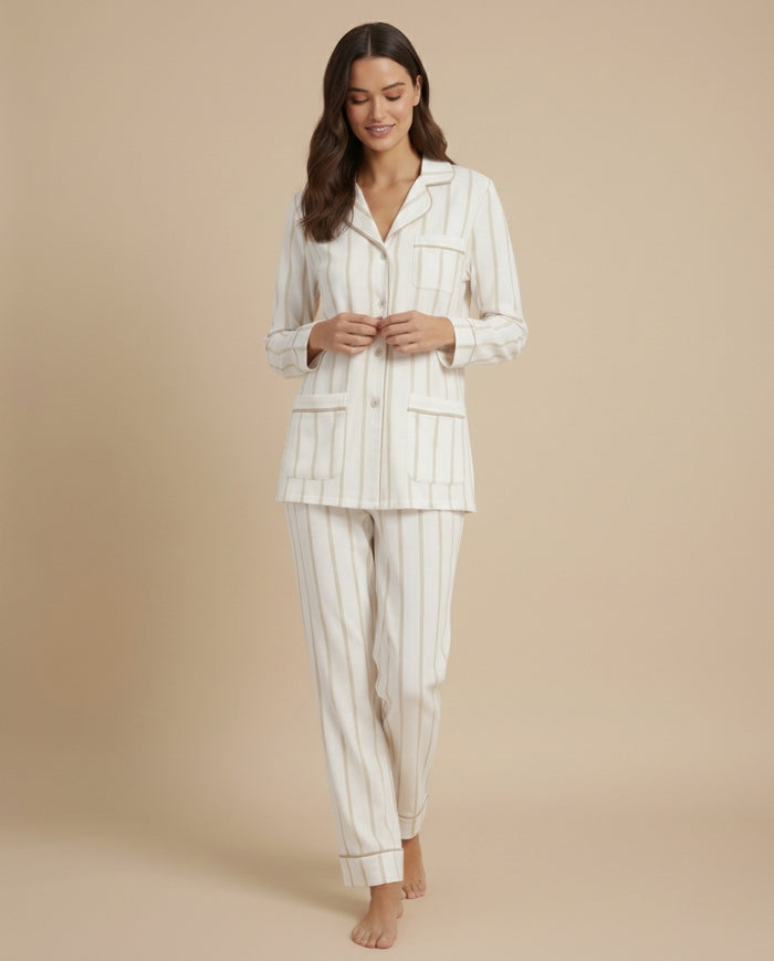 Luxe Stretch Cotton Pajama Set in Champagne Stripe