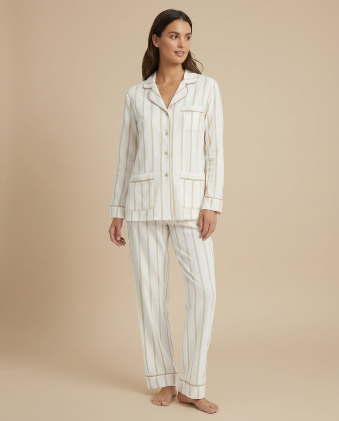 Luxe Stretch Cotton Pajama Set in Champagne Stripe