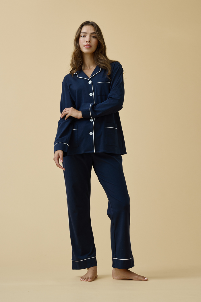 Luxe Stretch Cotton Pajama Set in Midnight Blue
