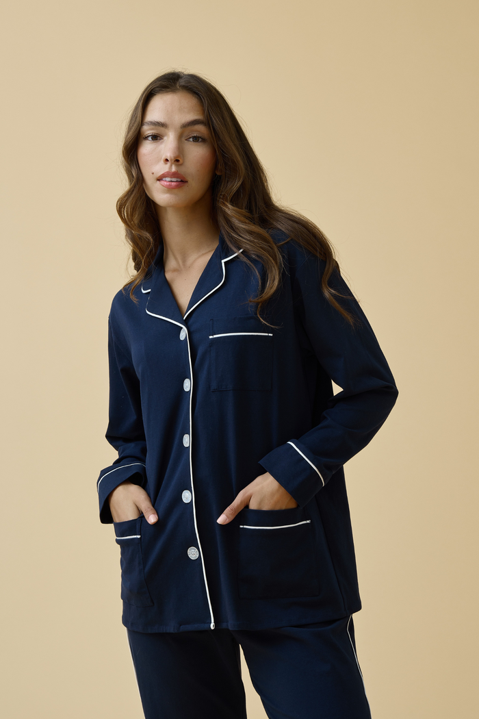 Luxe Stretch Cotton Pajama Set in Midnight Blue