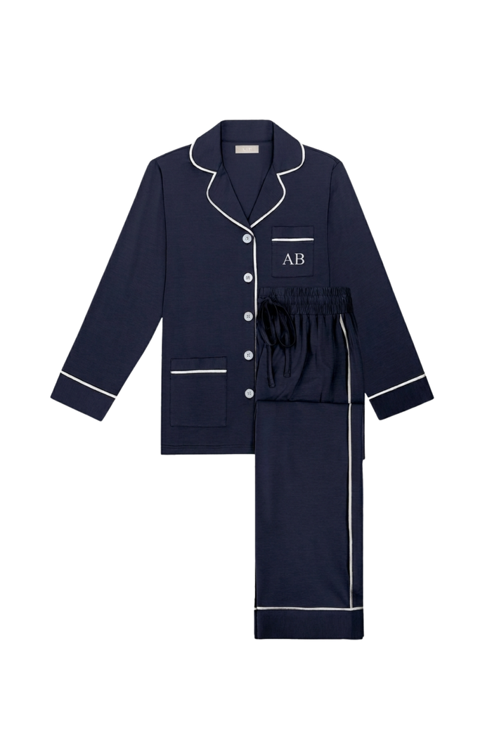 Luxe Stretch Cotton Pajama Set in Midnight Blue