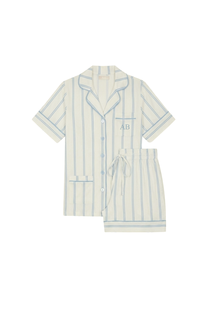 Luxe Stretch Cotton Short Set in Blue Pinstripe