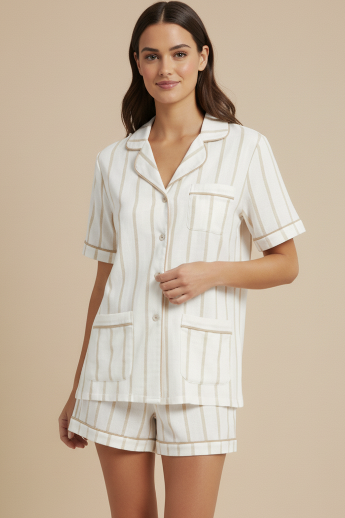 Luxe Stretch Cotton Short Set in Champagne Stripe