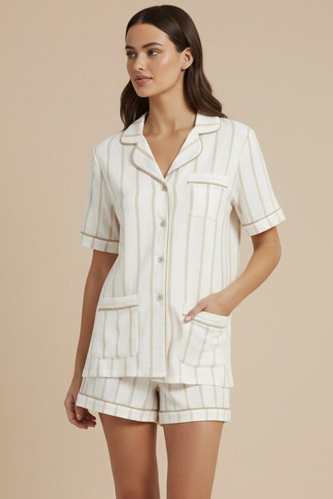 Luxe Stretch Cotton Short Set in Champagne Stripe