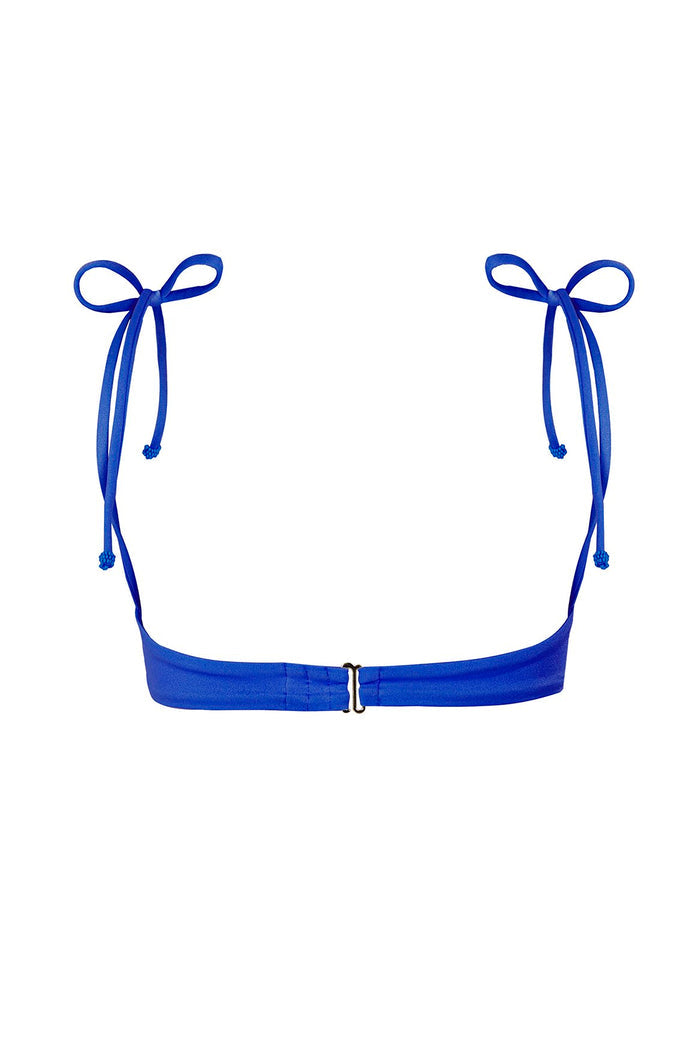 Madelyn bikini top in cobalt blue with adjustable shoulder tie straps and center front clasp, back view