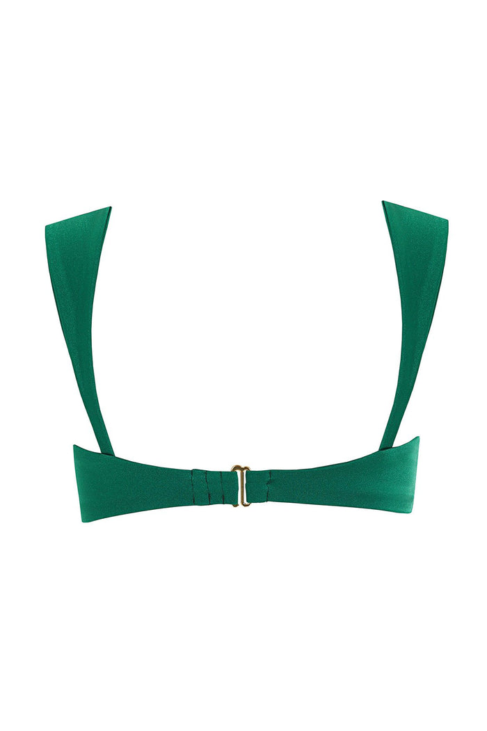 Emerald green bikini top with wide shoulder straps and gold back hook closure