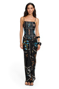 Black pareo cover-up with white contrast stitching grid and pattern detail embroidery in blue and coral tones