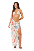 Marine Pareo cover-up in cream with multicolor pattern detail print and scalloped crochet trim detail