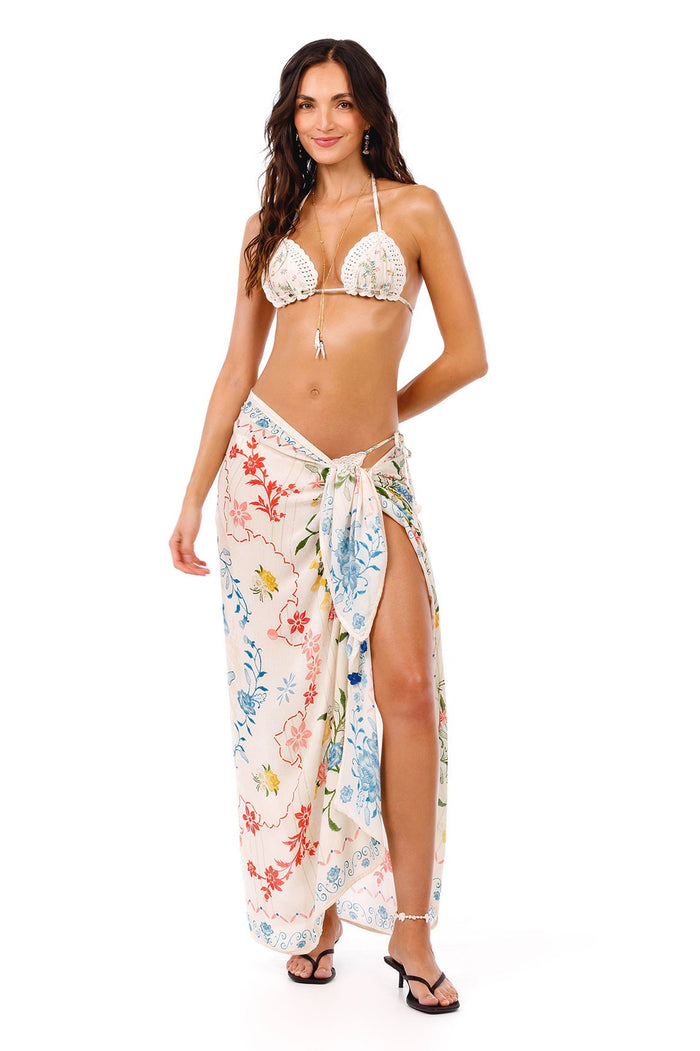 Marine Pareo cover-up in cream with multicolor pattern detail print and scalloped crochet trim detail