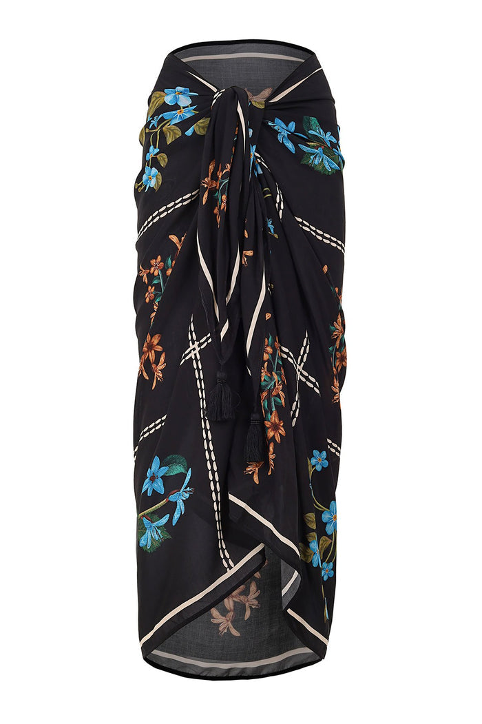 Black pareo with embroidered pattern detail branches in blue, coral, and olive tones, white dashed geometric lines, and tassel tie detail at waist