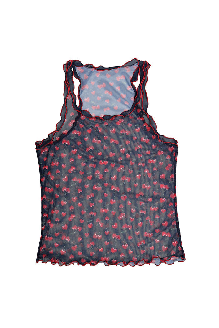 Navy mesh crop top with red cherry print and ruched ruffle trim