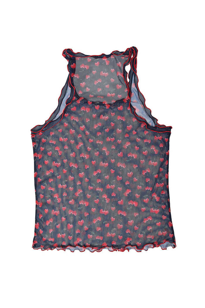 Maritza crop top in navy sheer fabric with red cherry print and ruched trim details