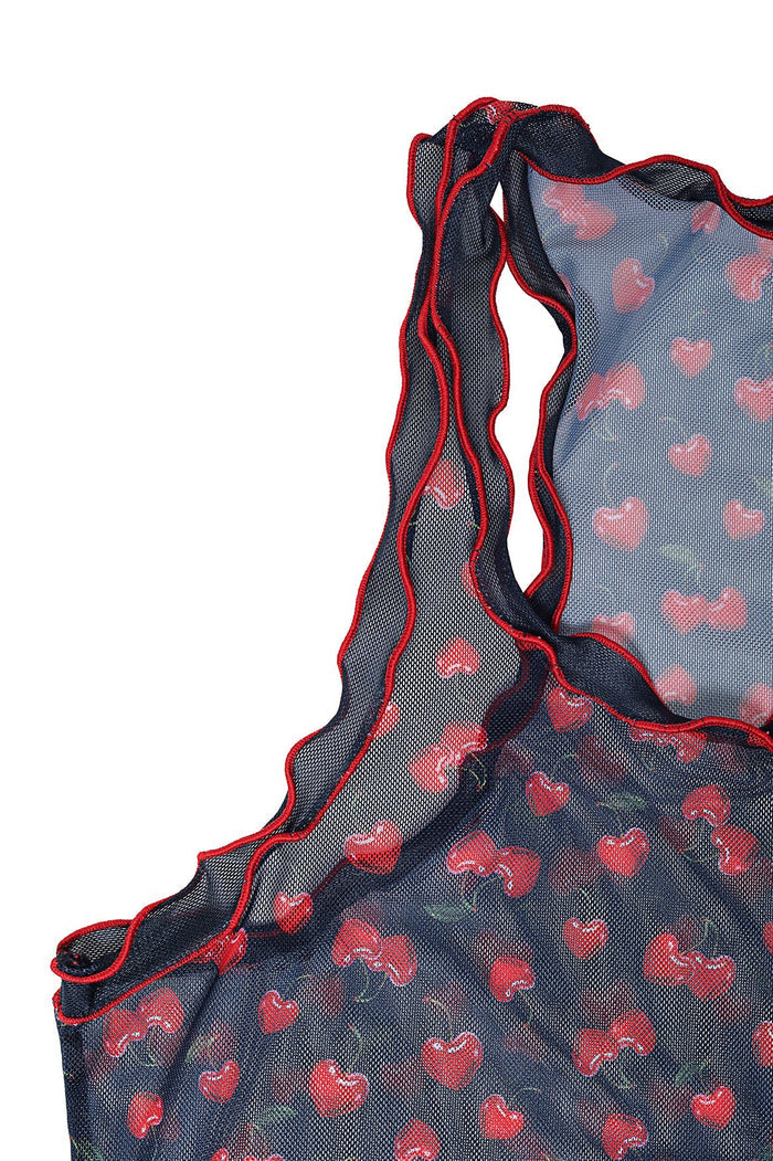 Maritza Crop Top in navy mesh with red trim and coral heart print, featuring ruched details