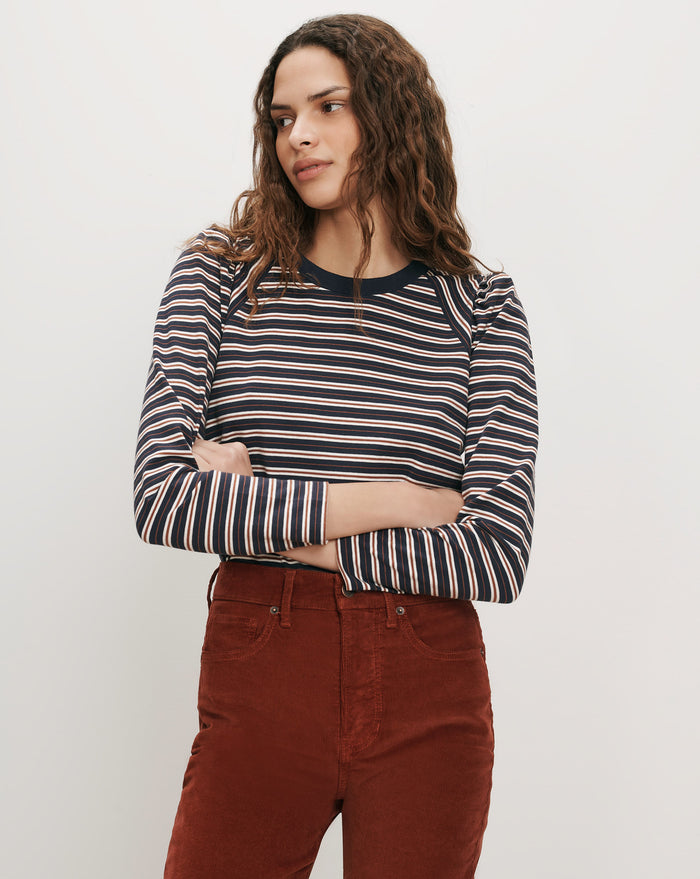 Veronica Beard Navy and white striped long-sleeve shirt.