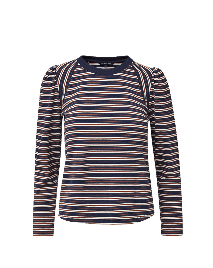 Veronica Beard Navy striped long-sleeve top with puffed shoulders
