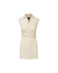 Veronica Beard Cream sleeveless mini shirt dress with a collar, V-neck, and ruched button-front.