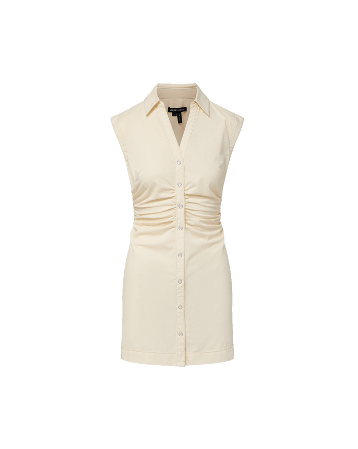 Veronica Beard Cream sleeveless mini shirt dress with a collar, V-neck, and ruched button-front.