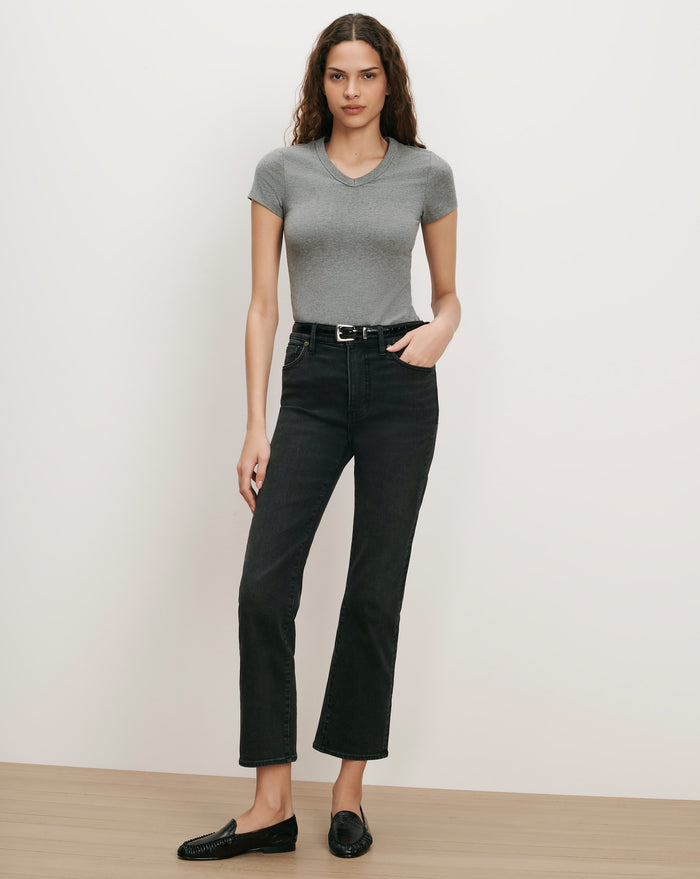 Veronica Beard Gray v-neck t-shirt and black jeans