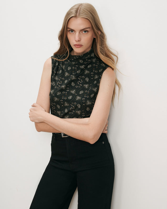 Veronica Beard Sleeveless dark green paisley print mock neck top.