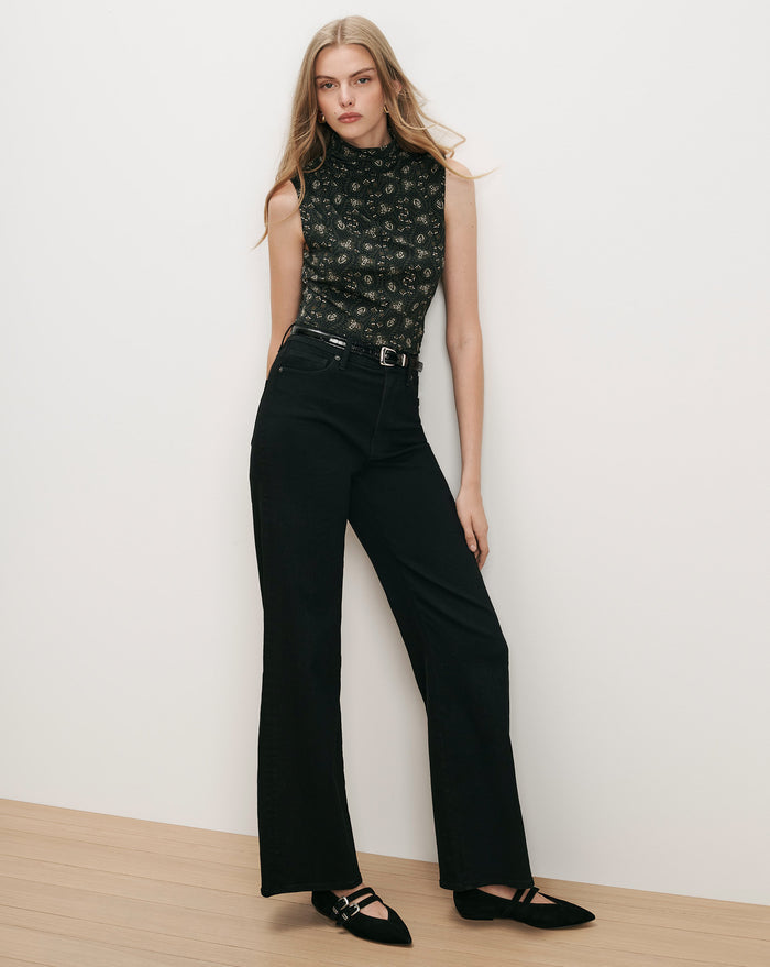 Veronica Beard Black floral sleeveless mock neck top, black wide-leg jeans