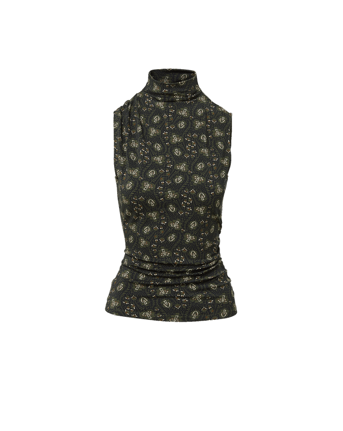 Veronica Beard Black patterned sleeveless high-neck top.