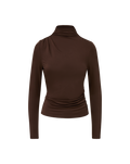 Veronica Beard Brown long-sleeve turtleneck top with ruched details.