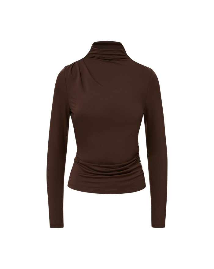 Veronica Beard Brown long-sleeve turtleneck top with ruched details.